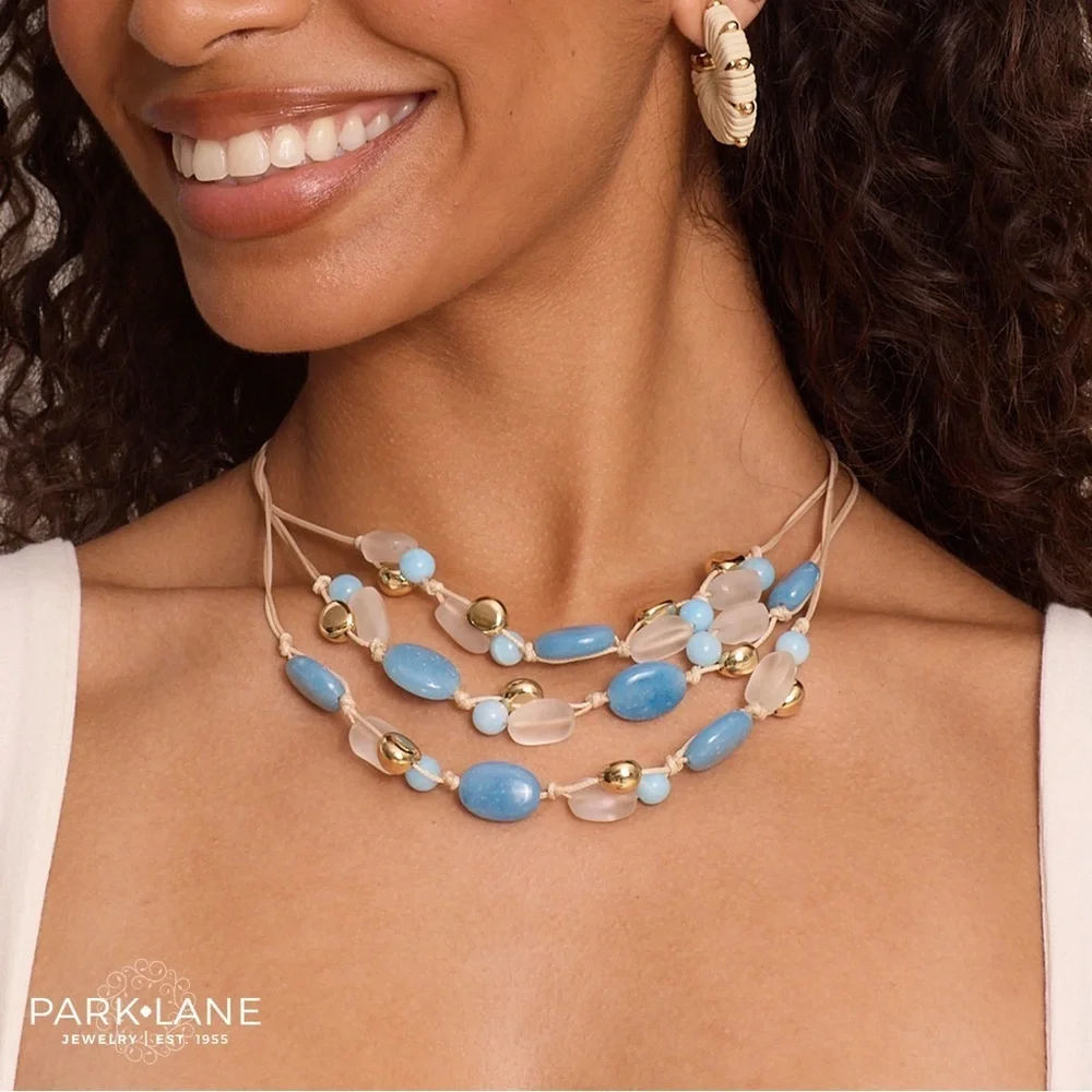 Park Lane Oceanic Beaded Necklace| Aqua and Frosted White Beads | New